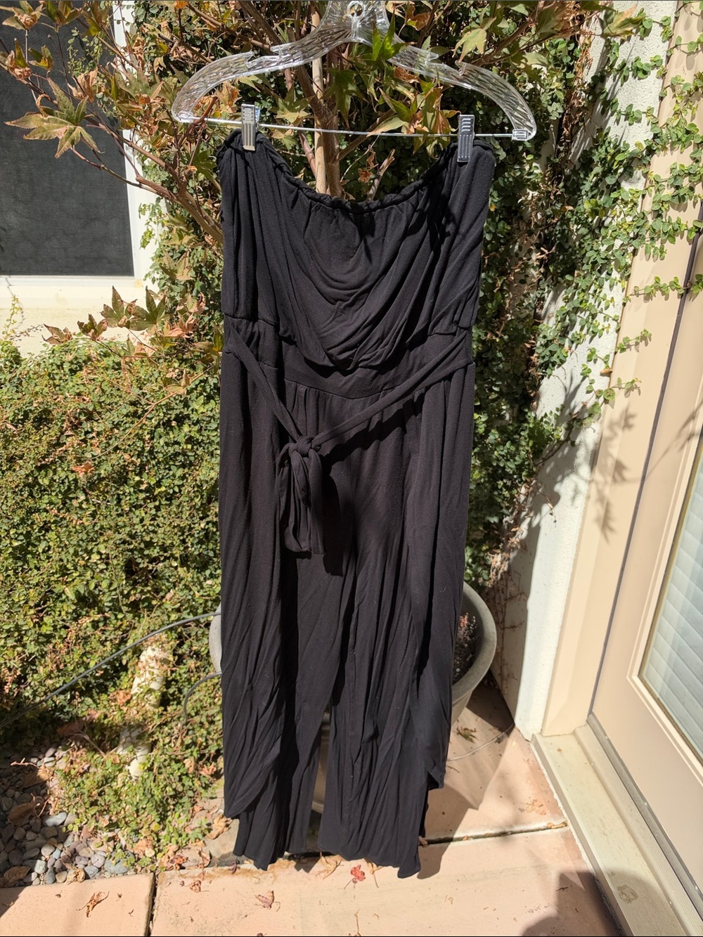Fashion Nova Black Strapless Draped Romper Jumpsuit with Waist Tie